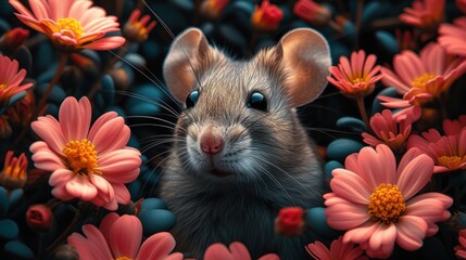 a mouse sitting in the middle of a field of red and pink flowers with a surprised look on its face.