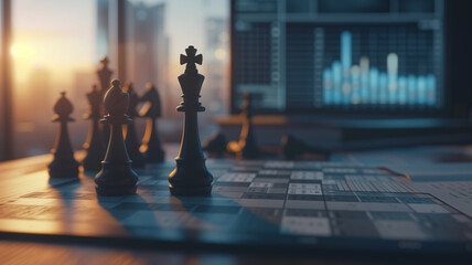 Chess board strategically placed on an office desk, with chess pieces symbolizing business moves against a backdrop of financial charts and graphs. - obrazy, fototapety, plakaty