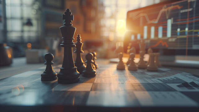 Chess board strategically placed on an office desk, with chess pieces symbolizing business moves against a backdrop of financial charts and graphs.