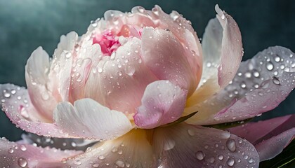 close up of pink peony flower in drops
