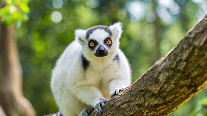 Close-up view of a white lemur sitting on a tree branch