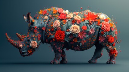a rhinoceros with flowers on it's body is standing in the middle of a photo with a blue background.