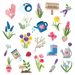 Gardening elements illustration - color vector elements hand drawn on a white background. Flat isolated gardening design elements. Spring set for gardening and floriculture