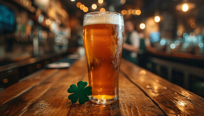 Saint Patrick's day.Glass of beer on bar with four clover leaves. Traditional symbols. Shamrock. Glass of beer on bar in pub on wooden table sparkling lights.