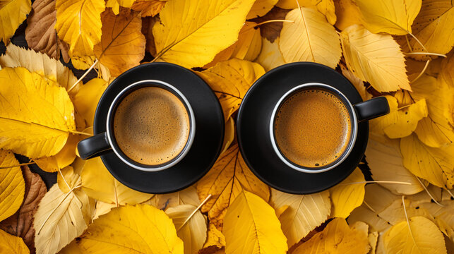 Top View Of Two Cups Of Coffee Around Yellow Leaves.