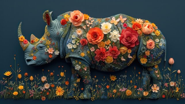 a sculpture of a rhino with flowers on it's body and tusks on it's back.