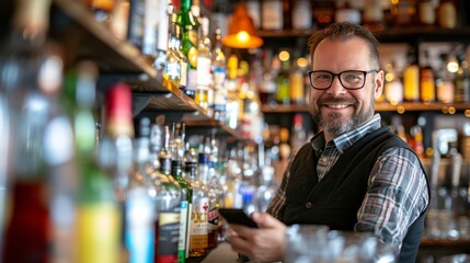 Happy bearded man enjoying his time at the bar counter while looking at his smartphone and smiling - obrazy, fototapety, plakaty