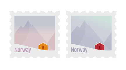 Nordic winter landscapes with a colorful wooden cabin surrounded by mountains. Vector illustration of postage stamps isolated on white background. Perfect for promoting Norway as a travel destination