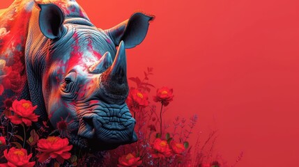 a close up of a rhino in a field of flowers on a red background with a red sky in the background.