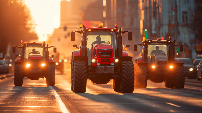 Tractores de los agricultores movilizandose por la ciudad para protestar en una huelga