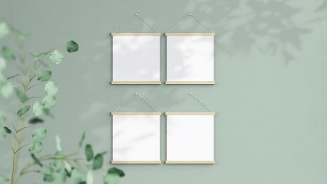 Four Square Magnetic Poster Bars Video Mockup, Wooden Hanging Blank Frame On the Wall, Poster Hanger Mockup, Shadow Motion Mockup