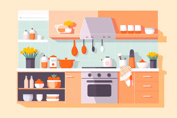 Modern Kitchen Decor: A Cozy Domestic Cooking Scene, with Furniture and Appliances, in a Stylish Apartment