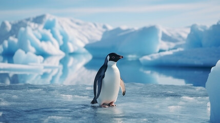 Naklejka premium Penguin Standing on Ice in Front of Icebergs