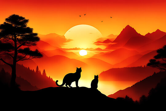 valentine day cute animal couple silhouette sunset mountain background 