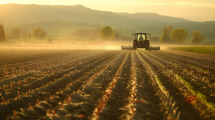 An early morning spring view of a farm, dew on freshly sprouted crops, a tractor preparing the soil...