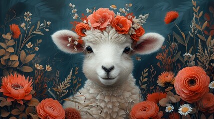 a painting of a sheep with a flower crown on it's head in a field of red and white flowers.