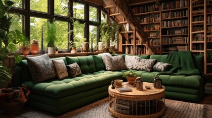 Cozy living room has a big, comfy, green couch.