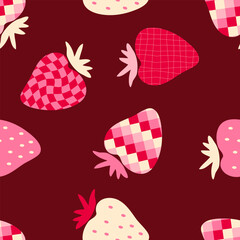Groovy style strawberries vector seamless pattern. Aesthetic print for fabric, paper, textile. Hand drawn illustration.