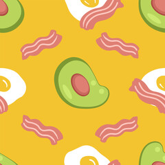 Yummy Trio seamless pattern with fried eggs, avocado and roasted bacon slices. Food background for any purposes. Hand drawn vector illustration.