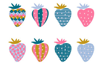 Artistic expression strawberry summer abstract collection. Perfect geometric print for sticker, poster, banner. Hand drawn isolated vector illustration.