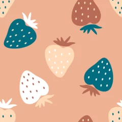 Foto op Canvas Dreamlike strawberries vector seamless pattern. Food background for any purposes. Hand drawn organic design illustration. © Anna