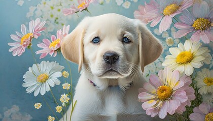 labrador puppy with flowers around
