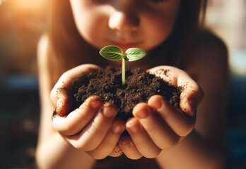 Sprout on the soil in both hands of a child - obrazy, fototapety, plakaty