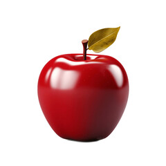 A glossy red apple with a single leaf isolated on transparent background