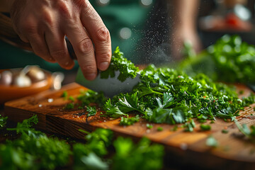 Professional Chef Finely Chopping Fresh Green Parsley on a Wooden Cutting Board - obrazy, fototapety, plakaty