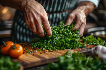 Professional Chef Finely Chopping Fresh Green Parsley on a Wooden Cutting Board - obrazy, fototapety, plakaty