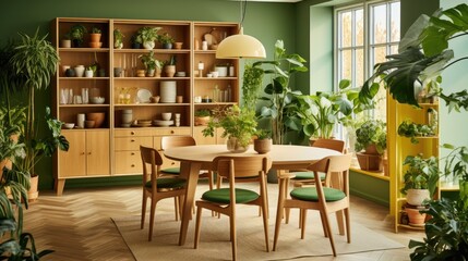 Fototapeta na wymiar a Scandinavian dining room with wooden furniture and plants on a green background.