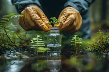 Forest water and hands of environmentalist test sample for research or inspection of the ecosystem and environment study Science sustainable and professional scientist doing agriculture exam - obrazy, fototapety, plakaty