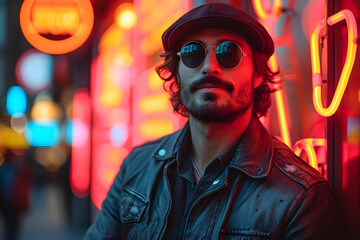 Hipster handsome man on the city streets being illuminated by neon signs. He is wearing leather biker jacket or asymmetric zip jacket with black cap, jeans and sunglasses