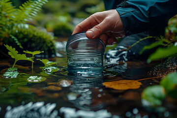Forest water and hands of environmentalist test sample for research or inspection of the ecosystem and environment study Science sustainable and professional scientist doing agriculture exam