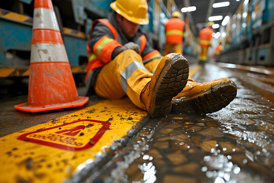 A construction worker experiencing a slip-and-fall accident on a wet floor at a construction site, with a caution sign nearby The focus is on the fallen worker and the immediate danger Colors