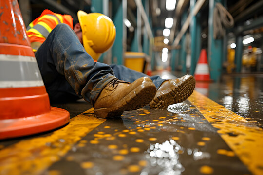 A construction worker experiencing a slip-and-fall accident on a wet floor at a construction site, with a caution sign nearby The focus is on the fallen worker and the immediate danger Colors