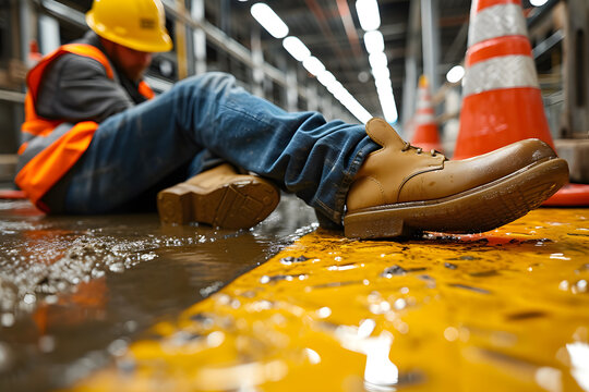 A construction worker experiencing a slip-and-fall accident on a wet floor at a construction site, with a caution sign nearby The focus is on the fallen worker and the immediate danger Colors