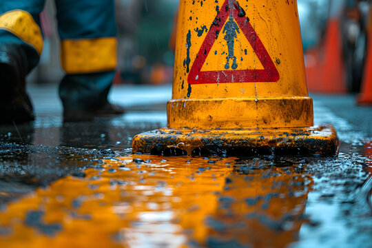 A construction worker experiencing a slip-and-fall accident on a wet floor at a construction site, with a caution sign nearby The focus is on the fallen worker and the immediate danger Colors