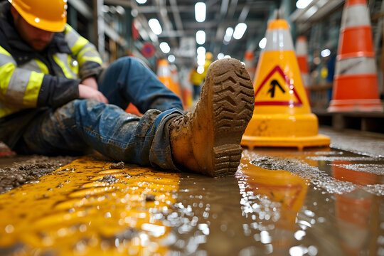 A construction worker experiencing a slip-and-fall accident on a wet floor at a construction site, with a caution sign nearby The focus is on the fallen worker and the immediate danger Colors