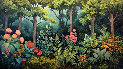 a painting of a forest with flowers and trees