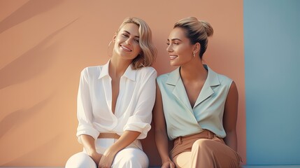 Two happy beautiful friends women posing - Powered by Adobe