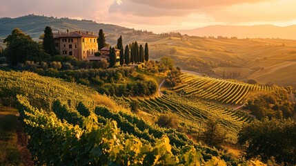 vineyard landscape at sunset with rolling hills, terraced vineyards, and historic villas in the warm glow