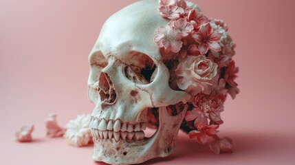 a human skull with a bunch of pink flowers on it's head and the skull is half submerged in water.