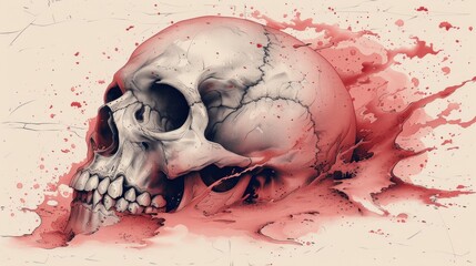 a painting of a human skull with red paint splatters on the side of the skull and the lower half of the skull visible part of the skull.