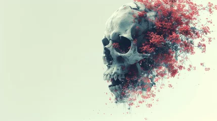 Papier Peint photo Crâne aquarelle a picture of a skull with a bunch of red flowers in it's skull's skull's head.