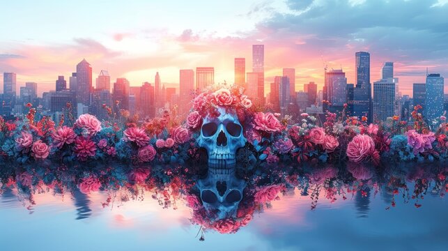 a painting of a skull with flowers in the foreground and a cityscape in the background with skyscrapers in the distance.