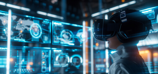 An engineer wearing virtual reality glasses, deeply immersed in a 3D simulation of a new product design.
