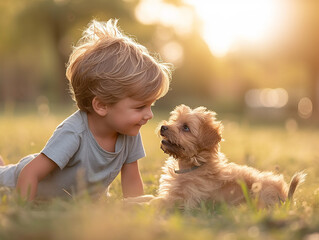piccolo bambino biondo che gioca con il suo cane  cucciolo di barboncino gioia e felicità con gli amici a quattro zampe - obrazy, fototapety, plakaty