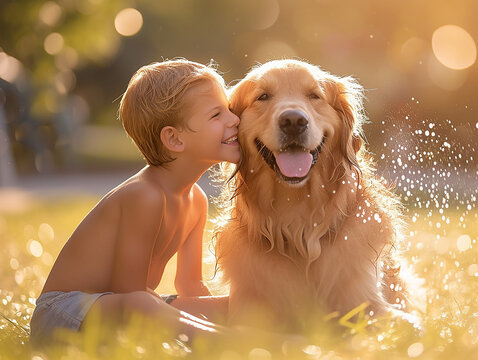 piccolo bambino biondo che gioca con il suo cane con l'acqua, schizzi e spruzzi, gioia e felicit&agrave; con gli amici a quattro zampe