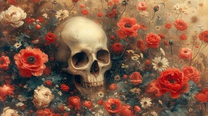 a painting of a skull in a field of red and white flowers with red and white flowers in the background.